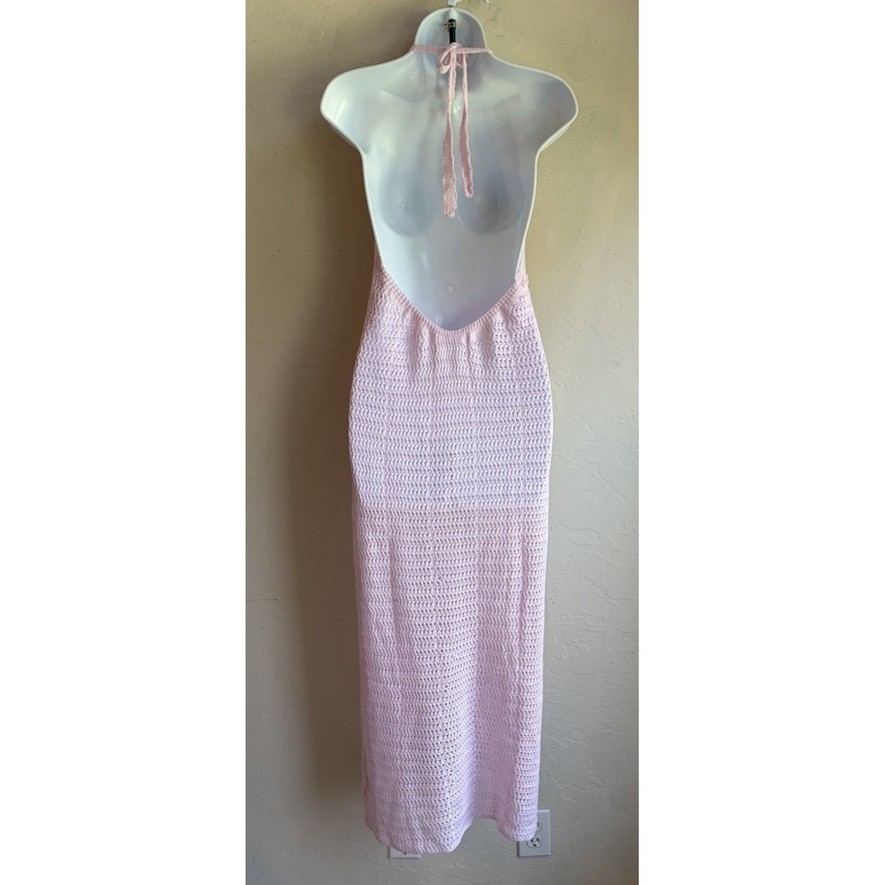 Open Knit Crochet Halter Maxi Dress S 3D Floral Appliqué Cover Up Coquette Y2K - Picture 6 of 8